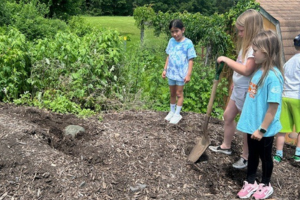 Students looking at a snapping turtle in the garden